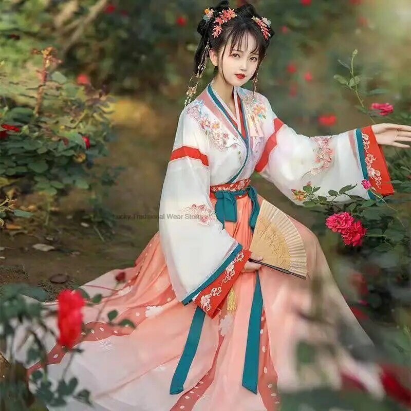 Chinesische traditionelle alte Weijin Dynastie Frauen gekreuzten Kragen Hanfu Blume gedruckt Fee langes Kleid Tanz Hanfu Kostüm