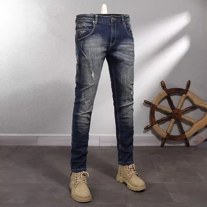Mode Designer Mannen Jeans Hoge Kwaliteit Retro Zwart Blauw Elastische Slim Fit Gescheurde Jeans Mannen Gesplitst Designer Vintage Denim Broek
