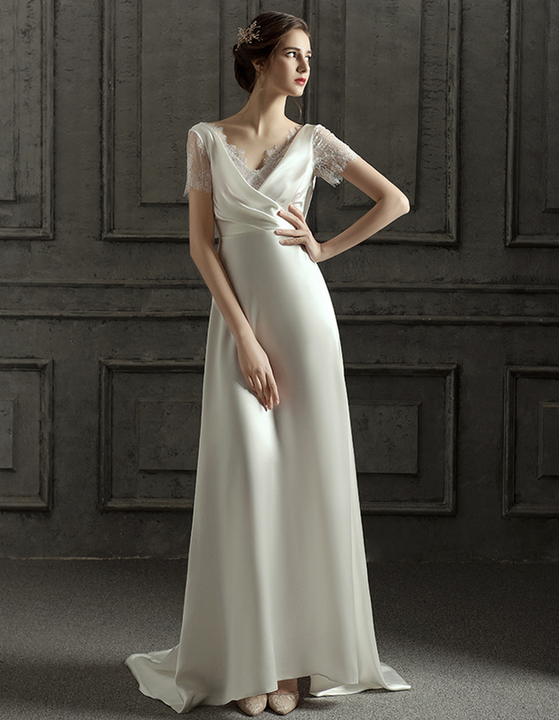 Vestido de renda Itália cetim, simples sem encosto, decote em v, vestido de noiva de jardim, trem, novo design, 2023