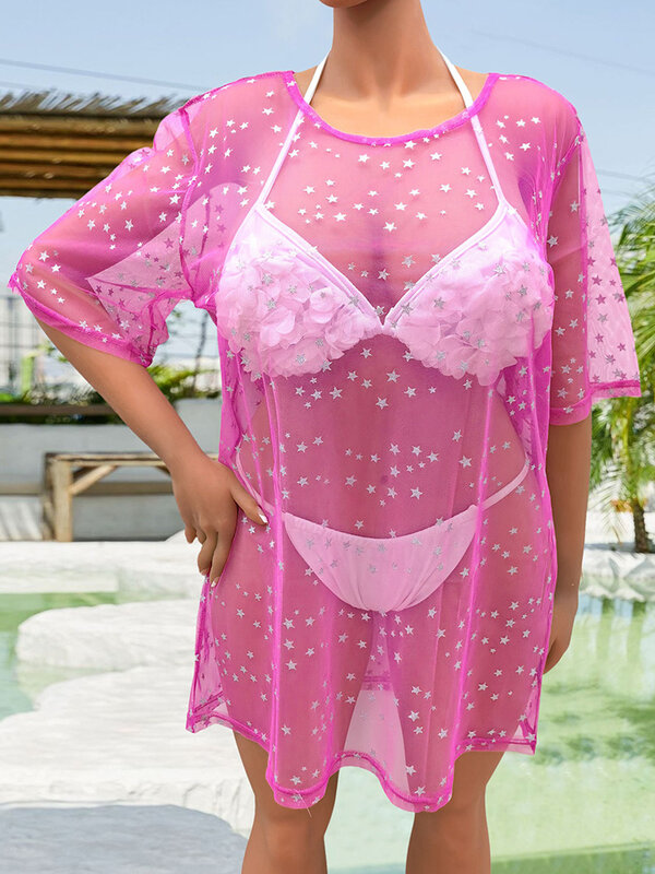 GIBSIE Plus Size Star Print Bikini Cover Up Women 2024 Summer Sexy See Through O-Neck Half Sleeve Tunic Bathing Suit Female