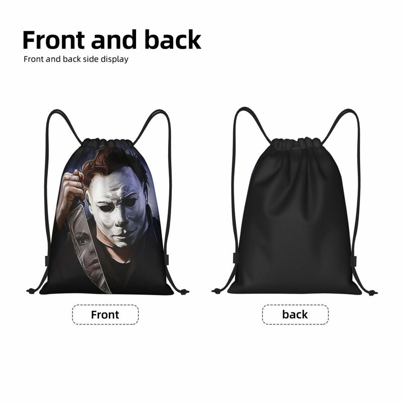Michael Myers sacos de cordão para homens e mulheres, mochila de Halloween Horror Movie, dobrável, ginásio, esportes, treinamento, armazenamento, mochilas