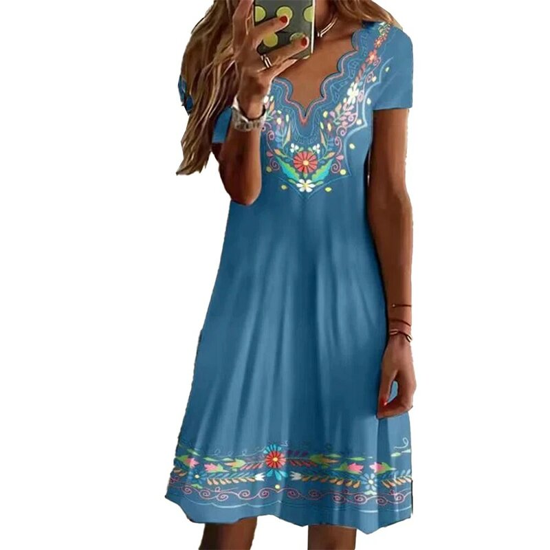 Женский цветочный стиль, Женский Летний Мини Сарафан с V-образным вырезом и коротким рукавом, ретро платье с принтом, женская уличная одежда