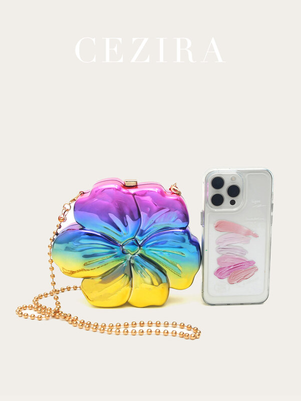 CEZIRA Women's Luxury Acrylic Evening Case Bag Fashion Flower Shaped Elegant Handbags Beads Chain Shoulder Cross body Party Prom