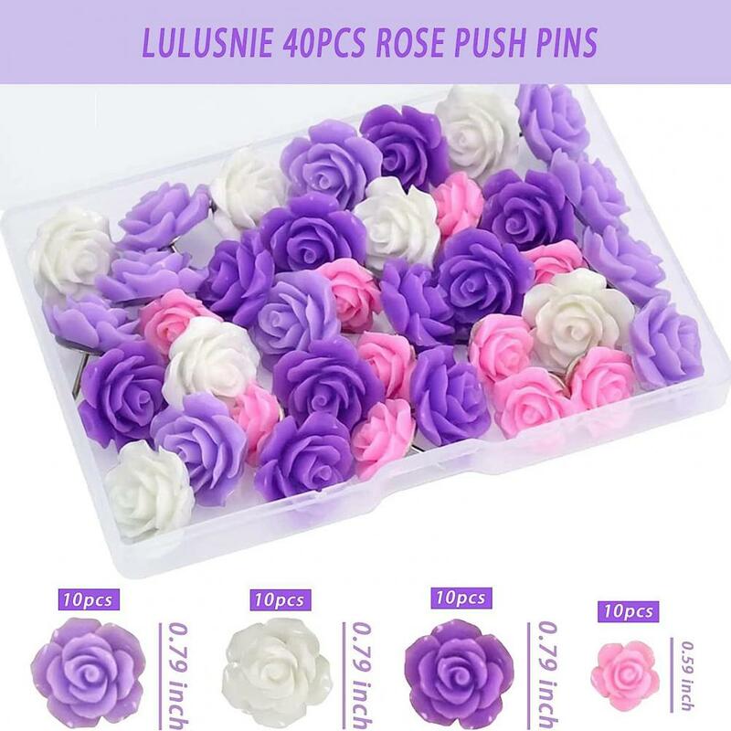 40Pcs Rose Push Pins Cute Flower Shape Thumbtacks Resin Flower Pins Sticky Note Pins for Bulletin Boards Photos Maps