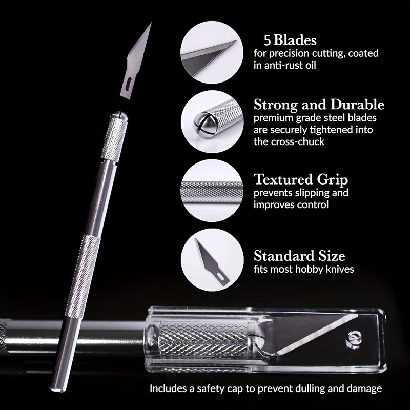 Juego de cuchillos de precisión para Hobby, Kit de 5 cuchillas de acero inoxidable con tapa de seguridad, para manualidades, 1 ud.