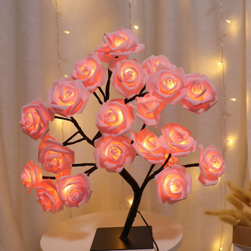 24 LED Rose Flower Table Lamp USB Flower Fairy Night Lights DIY Desktop Ornament Wedding Party Decoration Mother's Day Gift