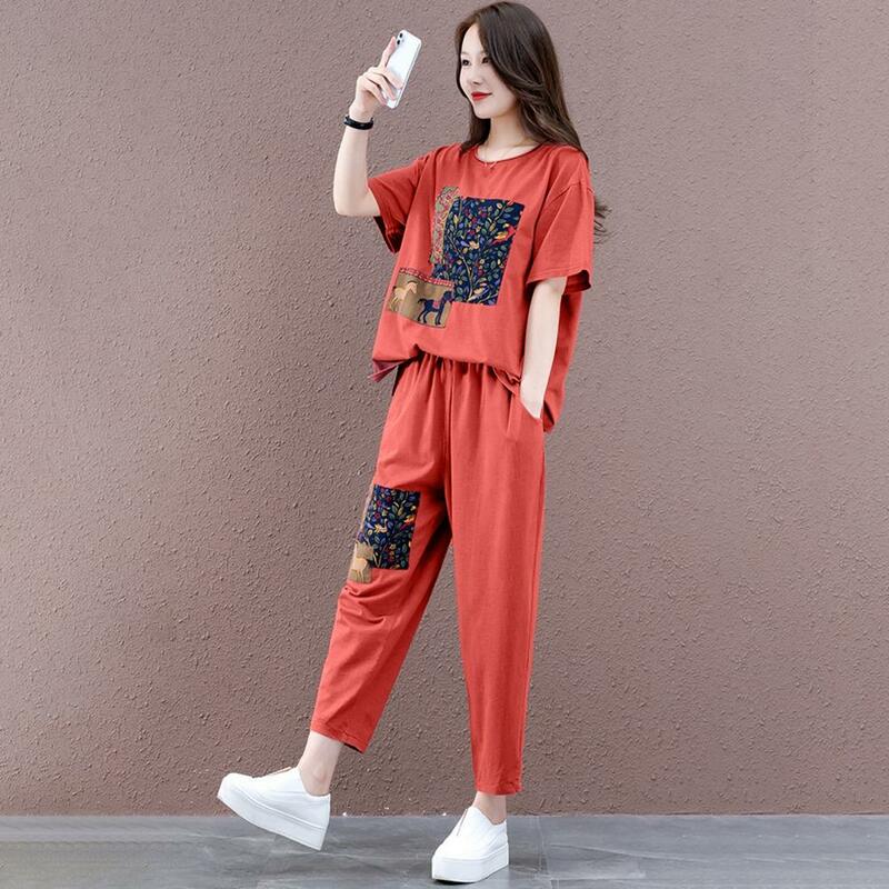 Leisure Tracksuit Comfortable Retro Print Top Cropped Pants Set Elastic Waistband Quick Drying Casual Outfit Daily Garment