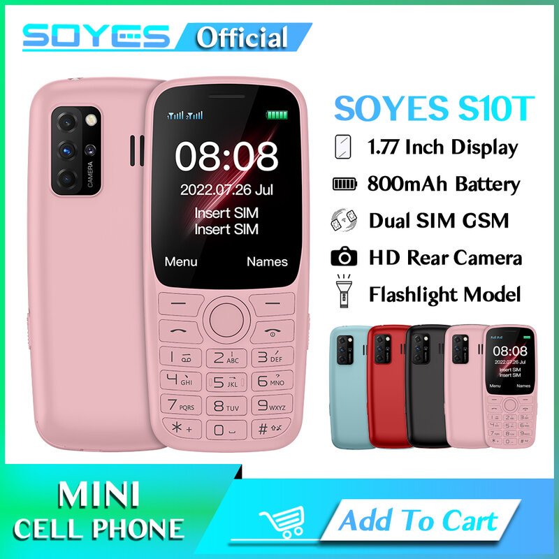 SOYES-telefone móvel com câmera traseira lanterna, 2G GSM, 1.77 "Display, 800mAh, 15 Days Standby, pequeno celular, poderoso