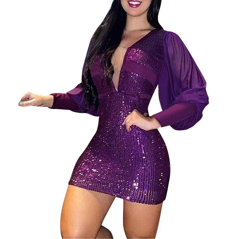Mini vestido de manga comprida com decote em V feminino, monocromático, purpurina, brilhante, lantejoulas, vestidos de noite, coquetel, outono, 2024