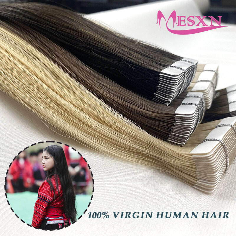MESXN Натуральные Прямые ленты для наращивания настоящие человеческие волосы натуральные волосы для наращивания 12-22 дюйма коричневая блондинка невидимая лента для салона