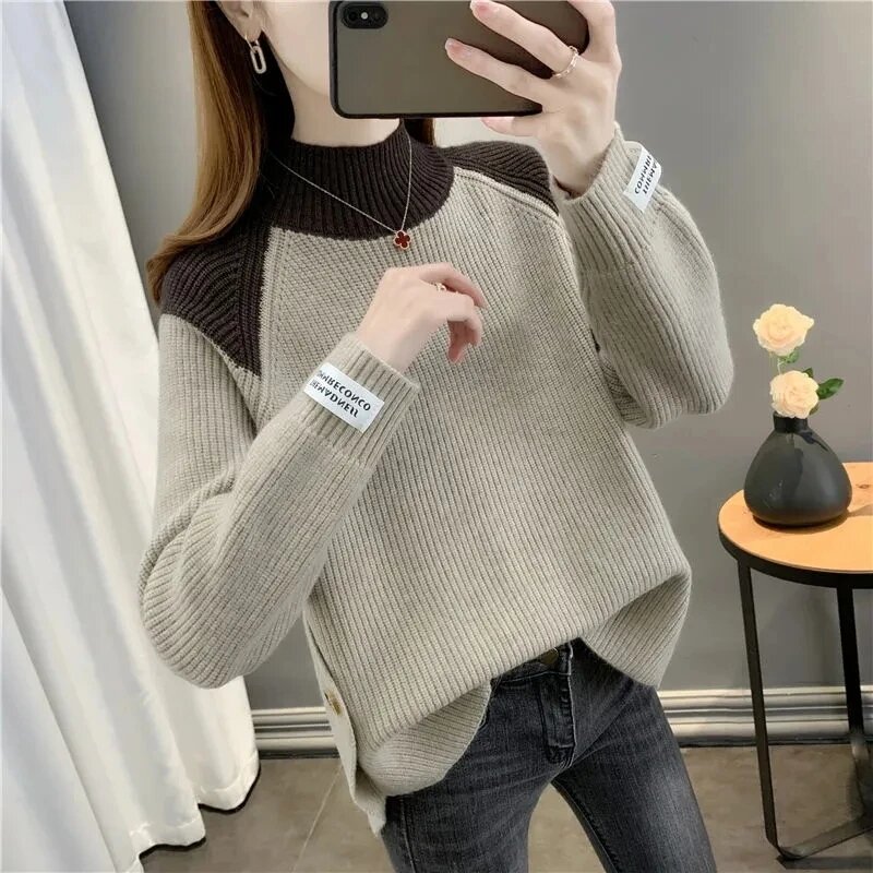 2024 Spring Autumn NEW Color Matching Sweater Women Korean Loose Knitted Pullover Long Sleeve Knitwear Femme Jumper Sweater Coat