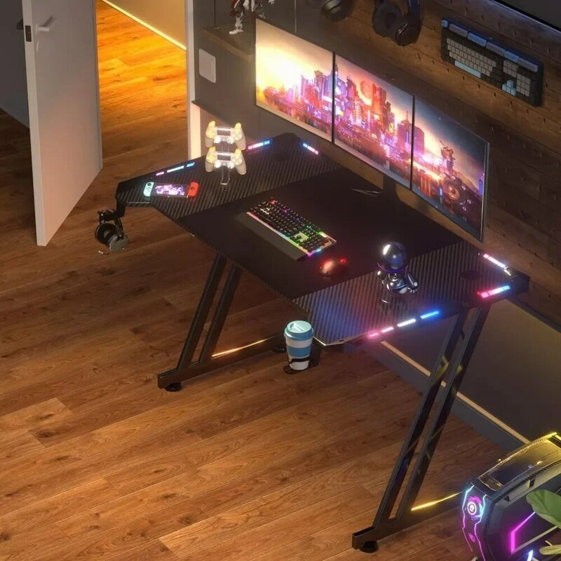 Gaming Desk com luzes LED, superfície de fibra de carbono, grande mesa do computador, ergonômico, casa, mesas de escritório, 47 polegadas