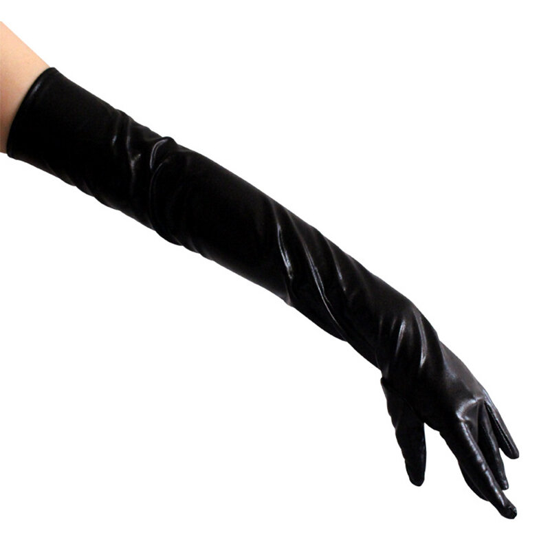 Длинные перчатки в кожаной оптике, один размер, черный, черный