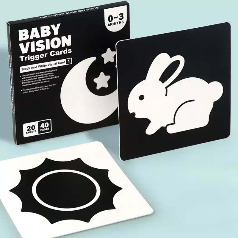 Tarjetas de estimulación de la visión del bebé, tarjetas Montessori de alto contraste, juguetes educativos para estimular la vista del recién nacido, color blanco y negro