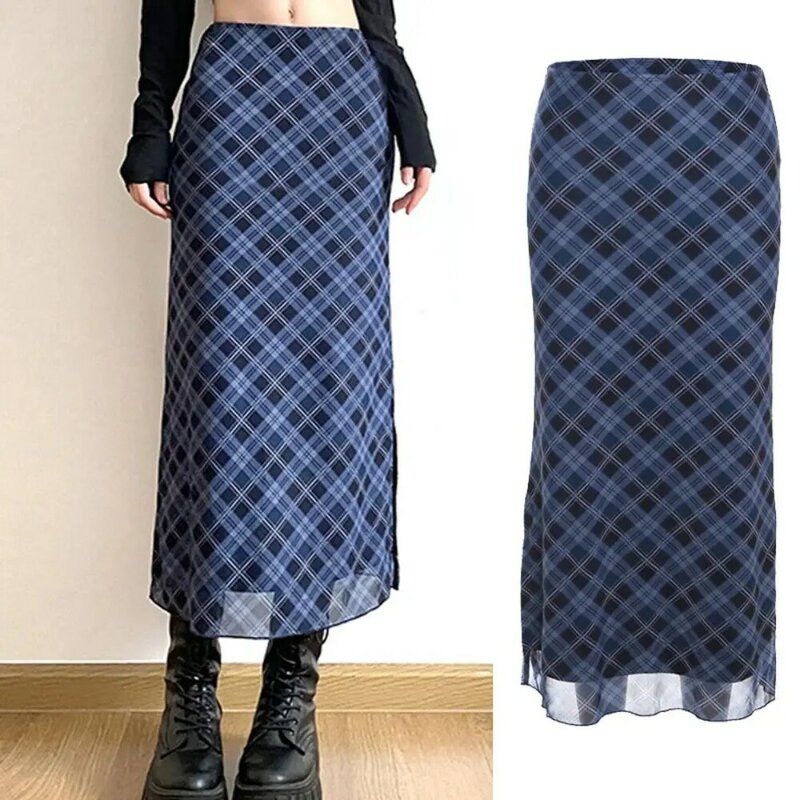 Y2k Pencil Skirt Preppy Style Slim Fit Plaid Print Wrap Skirt Chic Slit Straight Skirt