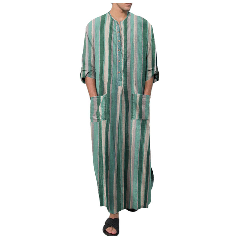 Mężczyźni etniczne paski szlafrok w stylu Vintage, w paski z długim rękawem muzułmański Kaftan szata O dekolt guziki Jubba Thobe kieszenie arabska odzież dubajska
