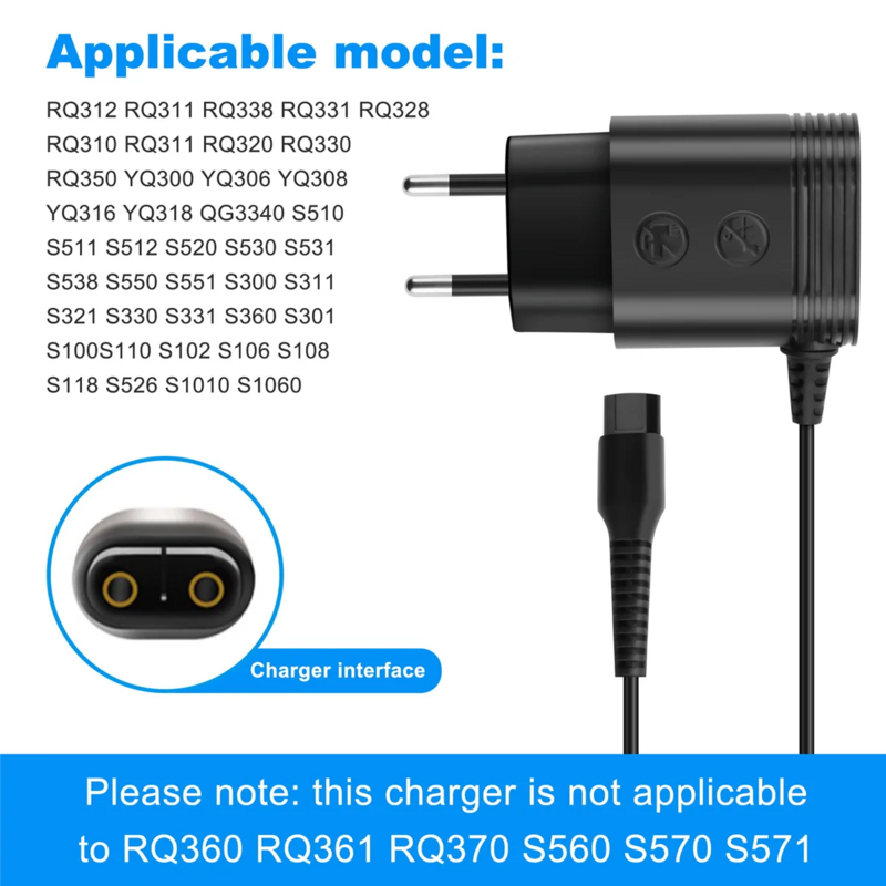 Cocok untuk Philips Norelco Shaver, A00390 Charger kabel listrik Adapter EU Plug
