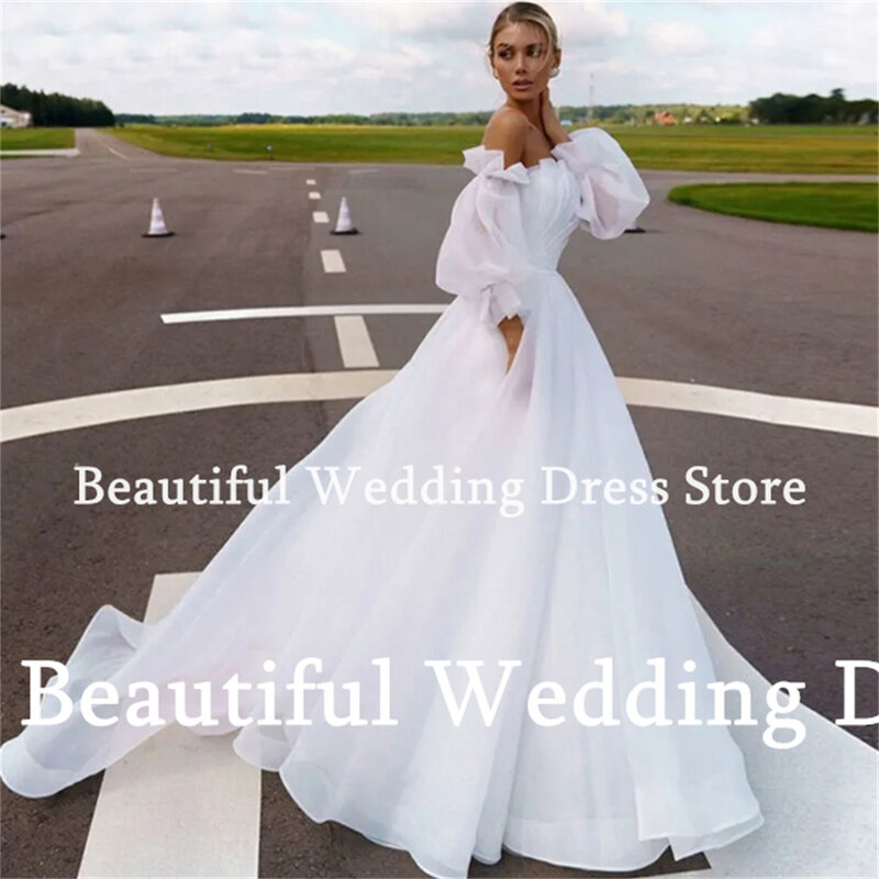 Gaun pernikahan sederhana untuk wanita bahu terbuka tanpa lengan dengan bunga A-Line Satin polos murni gaun pengantin belahan putih baru