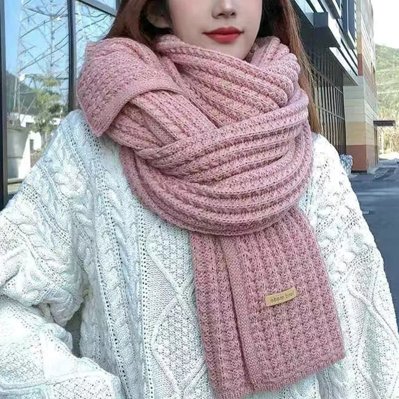 Korean Winter Thickened Thermal Knitted Scarf for Women Men Solid Color Warmer Long Size Scarve Christmas New Year Gifts Unisex