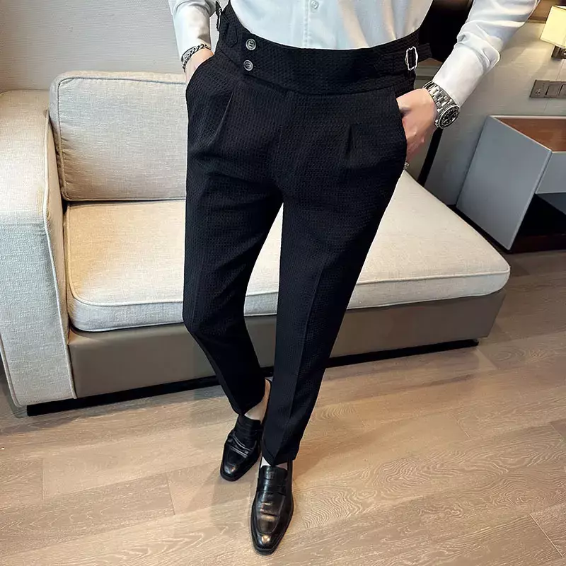 Celana Setelan Kasual Bisnis Waffle Pinggang Tinggi Hombre Pantalon Musim Gugur Musim Dingin untuk Pakaian Pria Celana Panjang Pakaian Formal Slim Fit 36