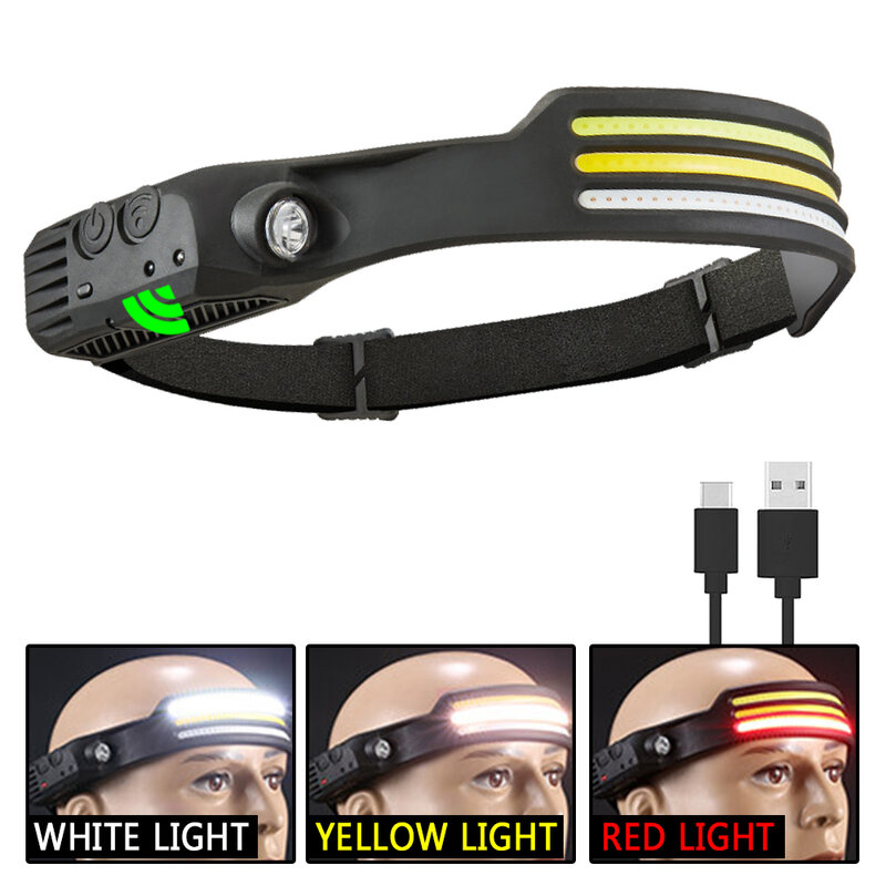 Phares LED COB à détection d'ondes explosives, feux de cyclisme en plein air, lumière de course anti-éblouissement nocturne, blanc, jaune et rouge