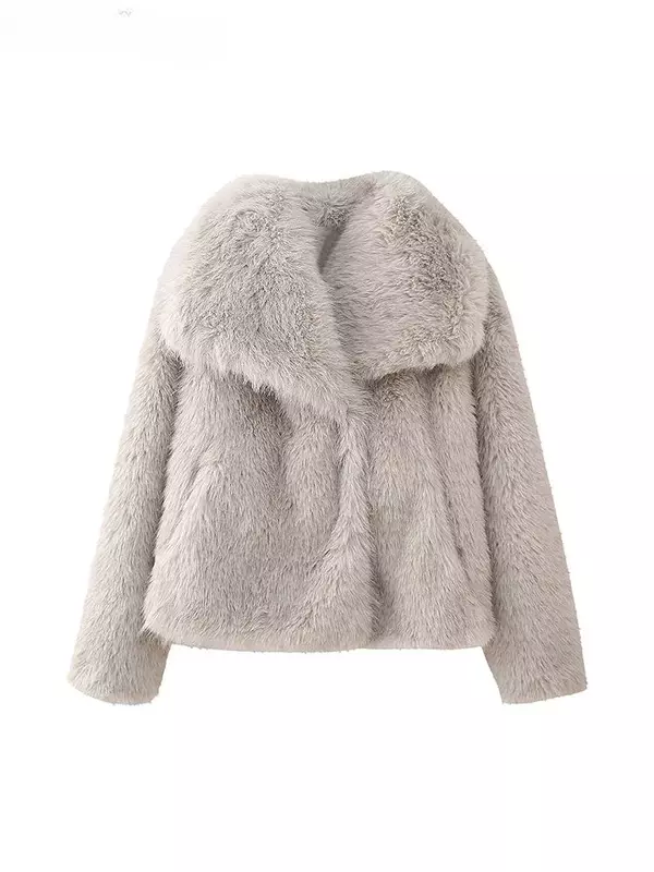 Abrigo corto de piel para mujer, abrigo elegante de manga larga con cuello vuelto, ropa de calle a la moda para invierno, 2023