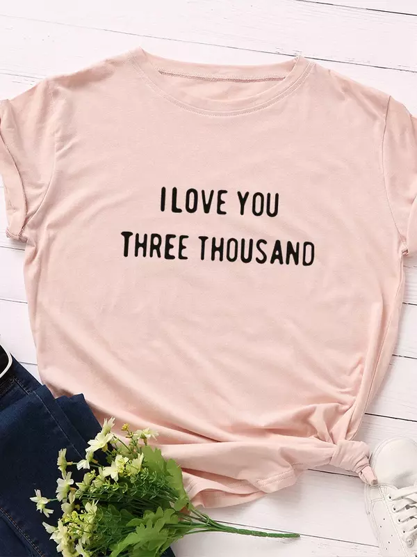 قميص نسائي مطبوع بثلاثة آلاف من I Love You بأكمام قصيرة وفتحة رقبة على شكل حرف O قميص للسيدات تي شيرت للسيدات
