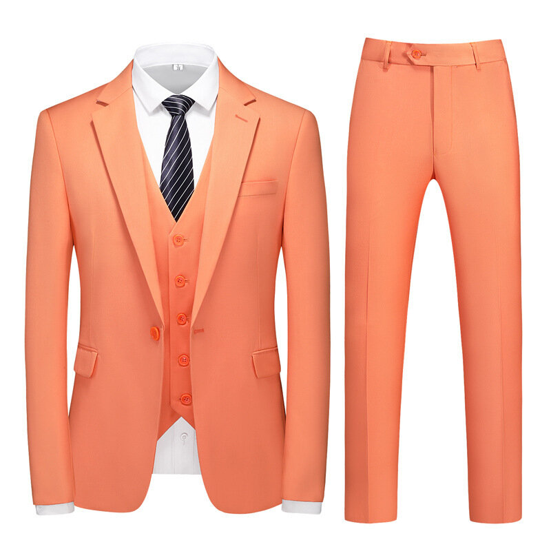 Terno de três peças masculino com dupla divisão, cintura elástica, adequado para casamento, noivo de negócios, jaqueta, colete com calças, 1 botão