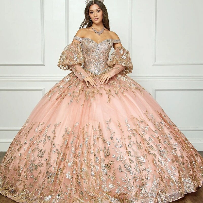 Odpinany rękaw Quinceanera sukienki błyszczące luksusowe cekiny koraliki słodkie 16 lat Vestidos De 15 Anos suknia na przyjęcie urodzinowe