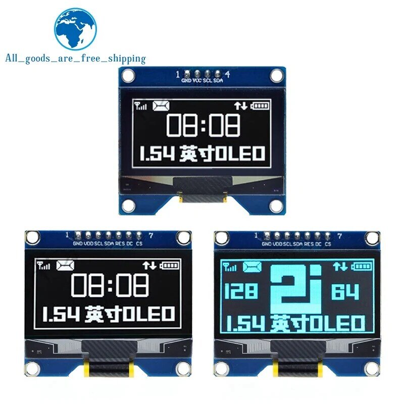 وحدة شاشة أوليد بيضاء وزرقاء TZT مقاس 1.54 بوصة 4PIN 7PIN SSD1309 محرك IC متوافق مع واجهة SSD1306 SPI 128*64