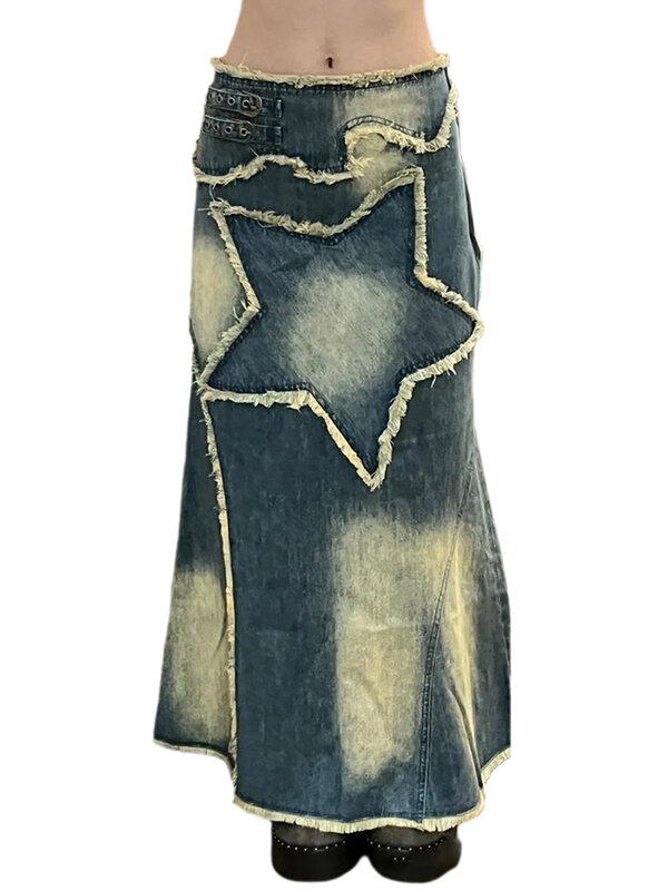 Женская Повседневная джинсовая юбка макси с высокой талией, винтажная длинная трапециевидная юбка с потертостями и разрезом на подоле, джинсовые юбки с карманами
