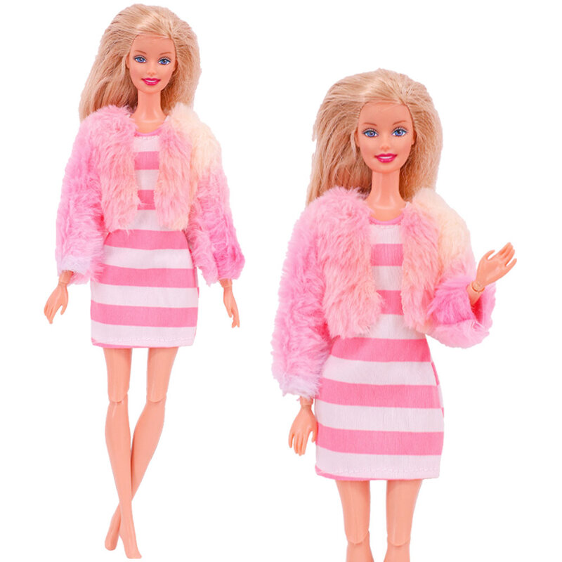 Colete de pelúcia + Vestido Para 30 Cm Barbie Boneca Roupas Acessórios 1/6 BJD Blyth Menina Brinquedos Presente de Aniversário