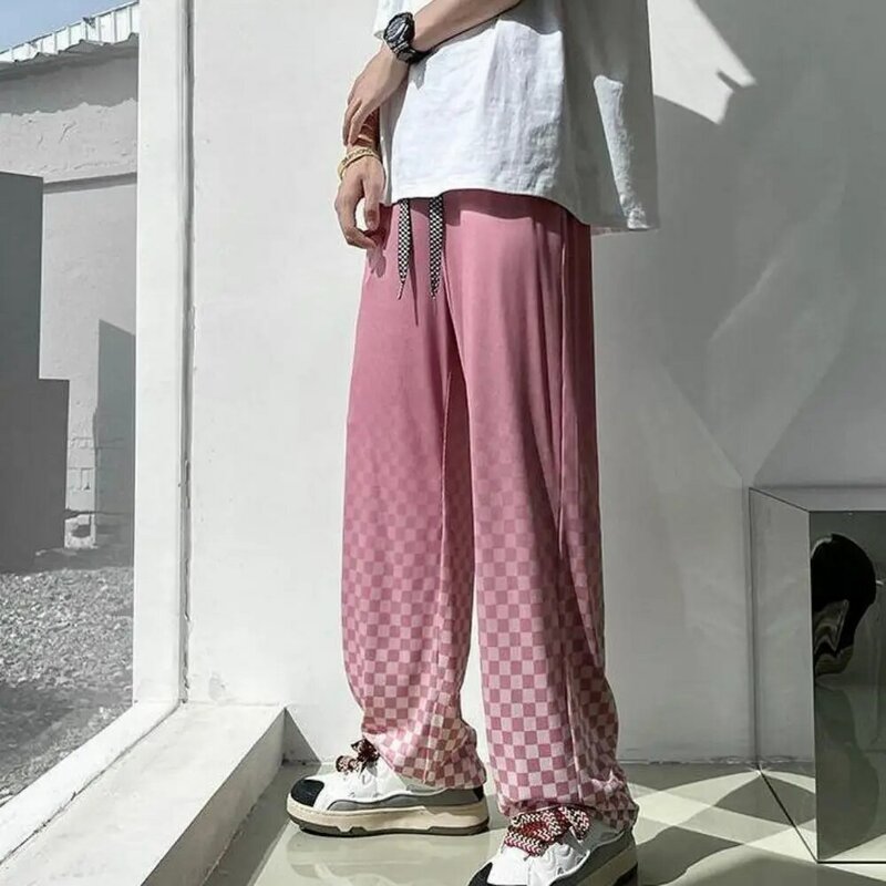 Pantalones a cuadros para hombre, ropa de calle holgada de gran tamaño con gradiente de pierna ancha y diseño de calle Harajuku, para primavera y verano