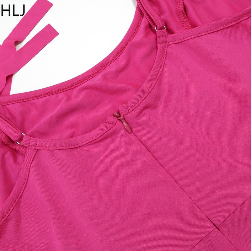 HLJ 로즈 패션 단색 태슬 스트레이트 점프수트 여성용, 얇은 스트랩 민소매 백리스 롬퍼, 여름 매칭 스트리트웨어
