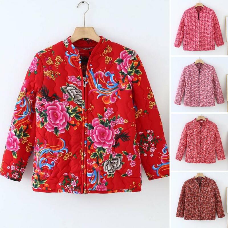 Autumn Winter Ladies Coat Zipper Cardigan Tang Suit Jacket Ethnic Style Flower Printed Middle-aged Woman Outwear