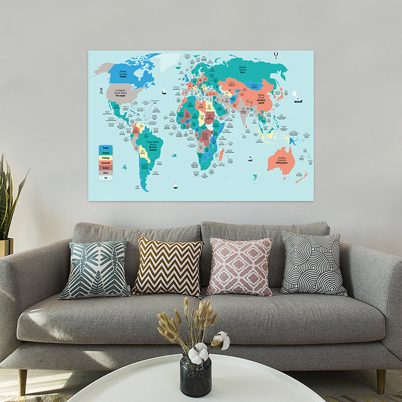 150*100cm The World Capitals and Their Local Languages Translation Wall Poster Non-woven Canvas Home Decoration School Supplies