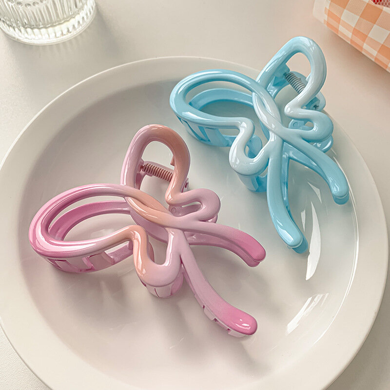 TwinkLei-Pinza para el pelo con forma de mariposa para mujer, accesorio para el cabello grande de Color degradado rosa y azul, horquilla de tiburón de verano