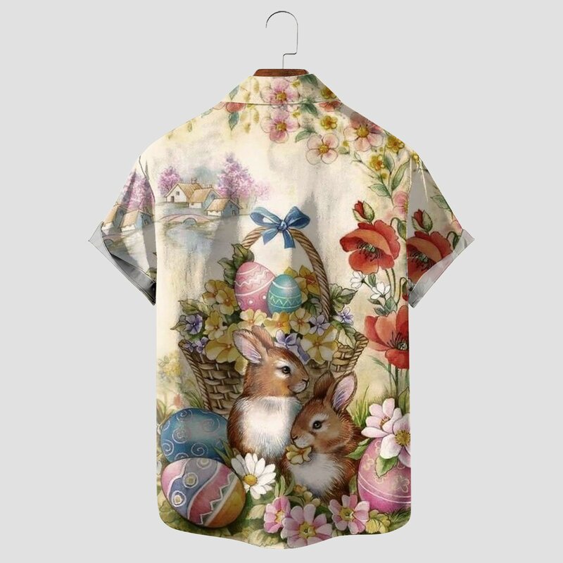 T-shirt de Pâques imprimé en 3D pour hommes, chemises à revers à manches courtes, chemises décontractées pour hommes, chemises ethniques monochromes pour la fête