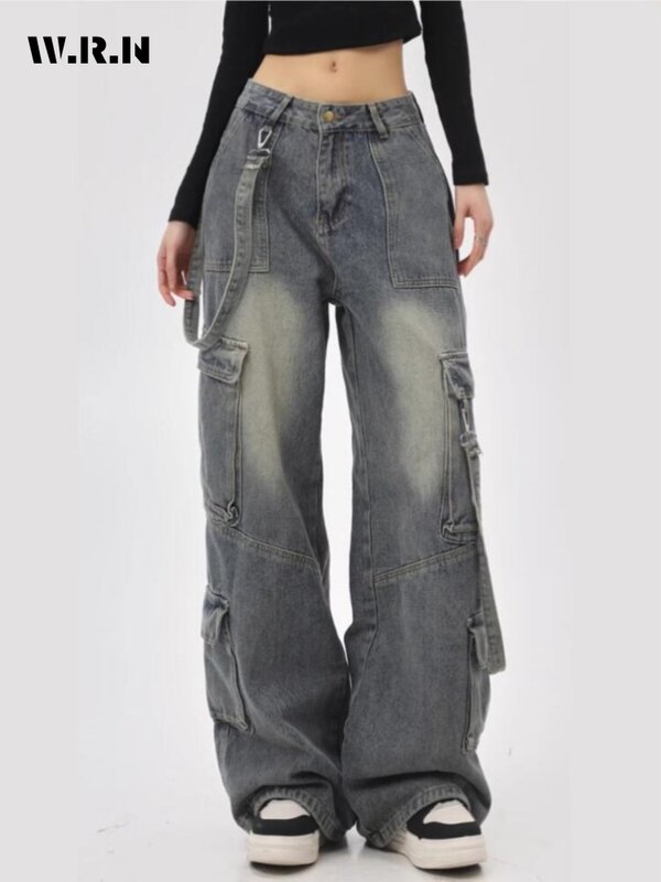 Pantalon de surintendant en denim baggy pour femme, pantalon à jambe large, pantalon de poche décontracté vintage, jean trash taille haute rétro, rue haute, Y2K, années 2000