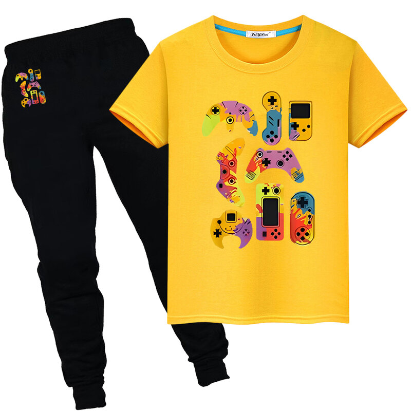 Gamepad Print Camisetas para meninos e meninas, 100% Algodão, Kawaii Short Sports Sets, Y2K Tops e Calça, Presente do dia da criança, roupas de verão