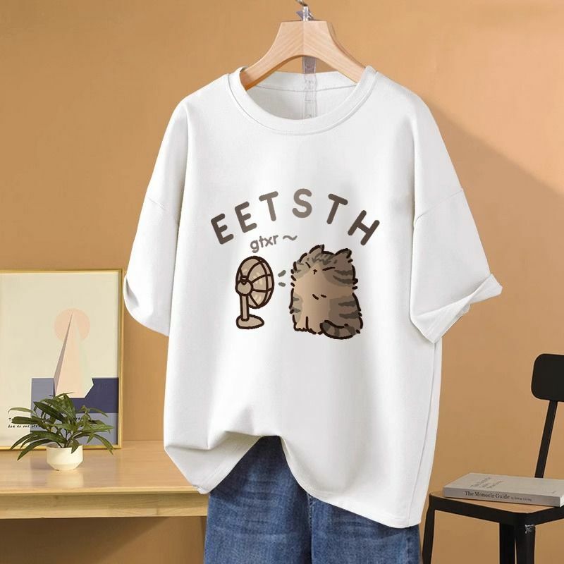 Zomer Korte Mouw Brief Cartoon Schattige Print Losse Pullover Lady O-hals Casual T-Shirt Vrouwen Puur Katoen Basics M-6XL Top T-Shirt