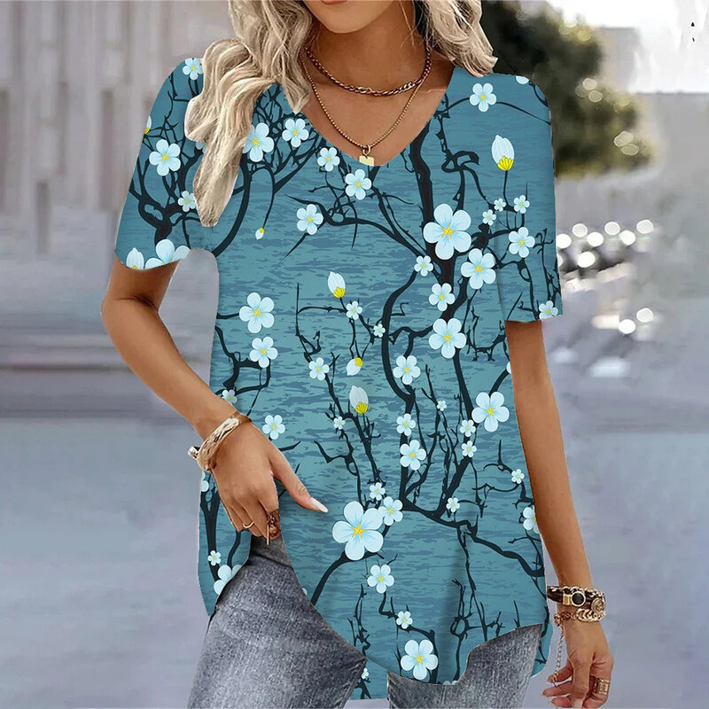 Rosa Vintage feminina estampada camiseta, streetwear, camiseta de Harajuku, roupas femininas, padrão floral, camiseta com gola V, blusa de verão, 2024