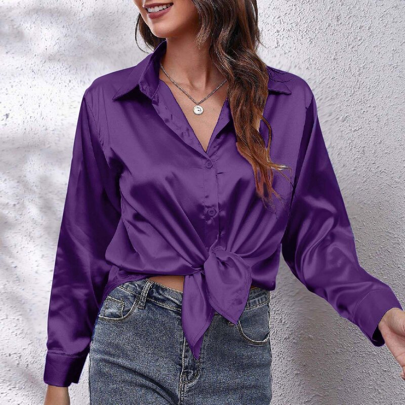 Рубашка Женская атласная с длинным рукавом, элегантный удобный шелковый топ свободного кроя, модная повседневная Уличная одежда на пуговицах, на лето