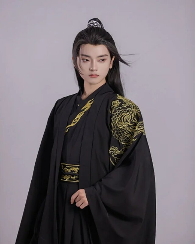 Hanfu Men Chinese Traditional Cosplay Costume Ancient Hanfu Sets Male Halloween Cos Costume Hanfu Black 3pcs Sets Plus Size 2XL