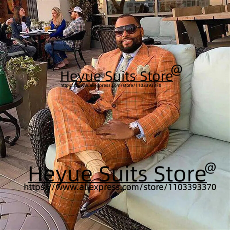 男性のためのオレンジ色の市松模様のスーツ、ピークラペル、プラスサイズ、ファッション、2個のフォーマルなタード、ビジネスブレザー