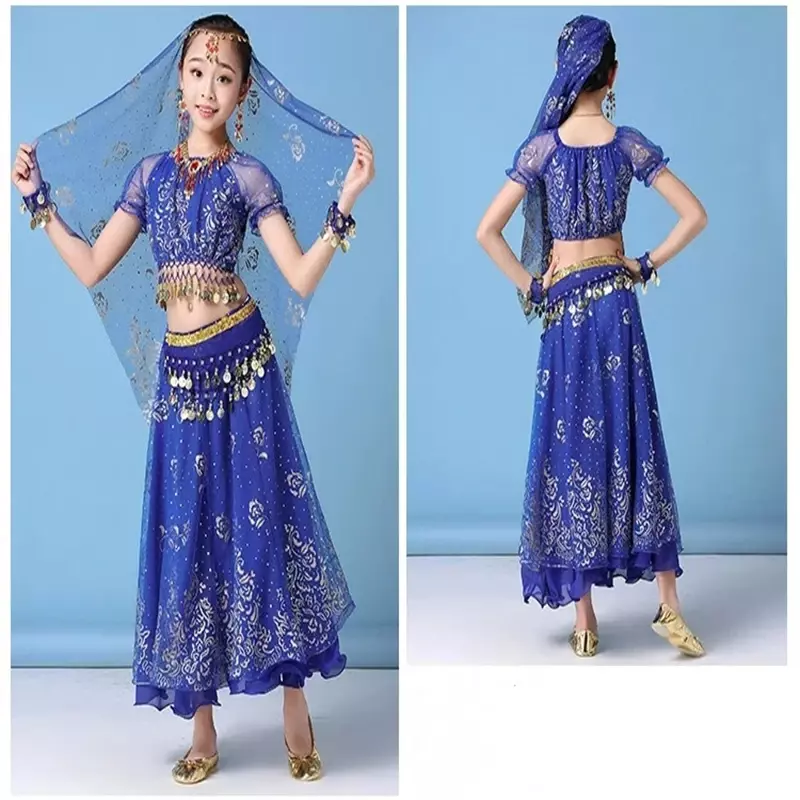 Conjunto de ropa de baile indio multicolor para niños, traje de danza del vientre, nuevo estilo, actuación en escenario, 4 unids/set