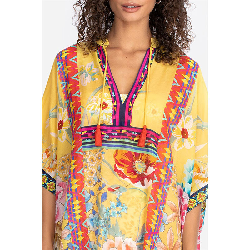 Кафтан в марокканском стиле с богемным принтом, летнее пляжное платье с V-образным вырезом, длинная туника, женская пляжная одежда, накидка для бикини, Пляжное Платье