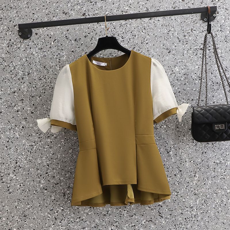 Винтажная Лоскутная шифоновая рубашка с коротким рукавом, повседневные брюки-карандаш, элегантный женский комплект из двух предметов, летняя одежда