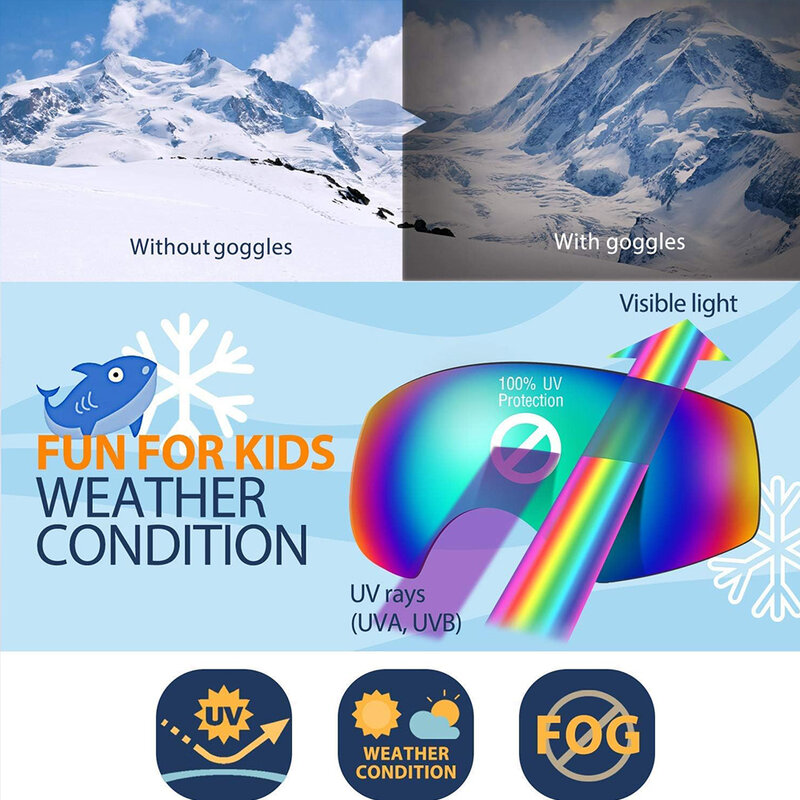 Kids Ski Goggles for Age 4-14 Anti-fog Double Layer UV400 Snow Eyewear Outdoor Sports Winter Snowboard Children Skiing Glasses
