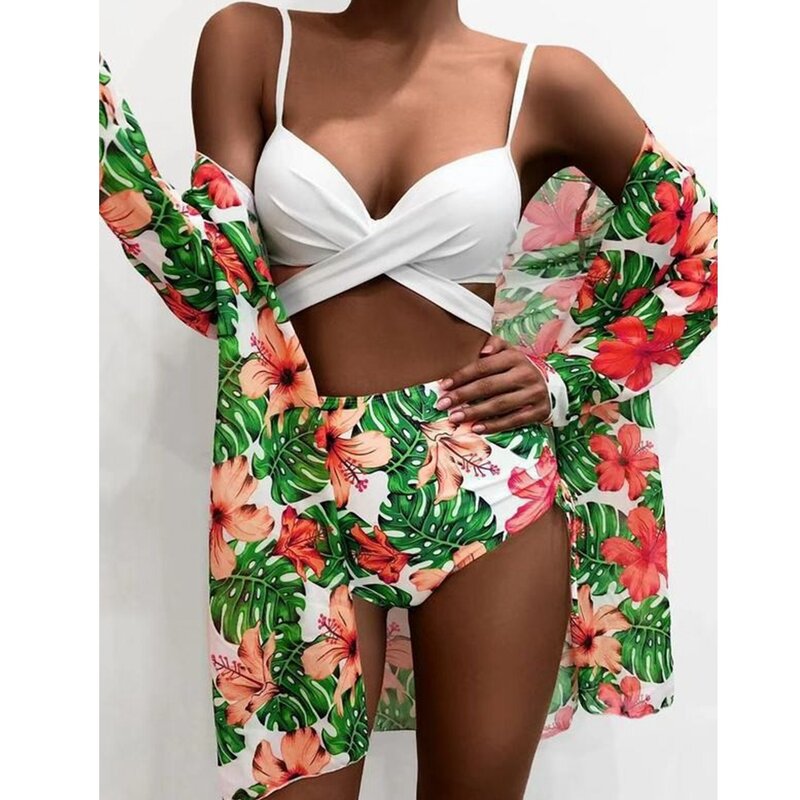 Wepbel-traje de baño de 3 piezas para playa, conjunto de Bikini de malla con Tanga Sexy, ropa de playa, Bañador estampado